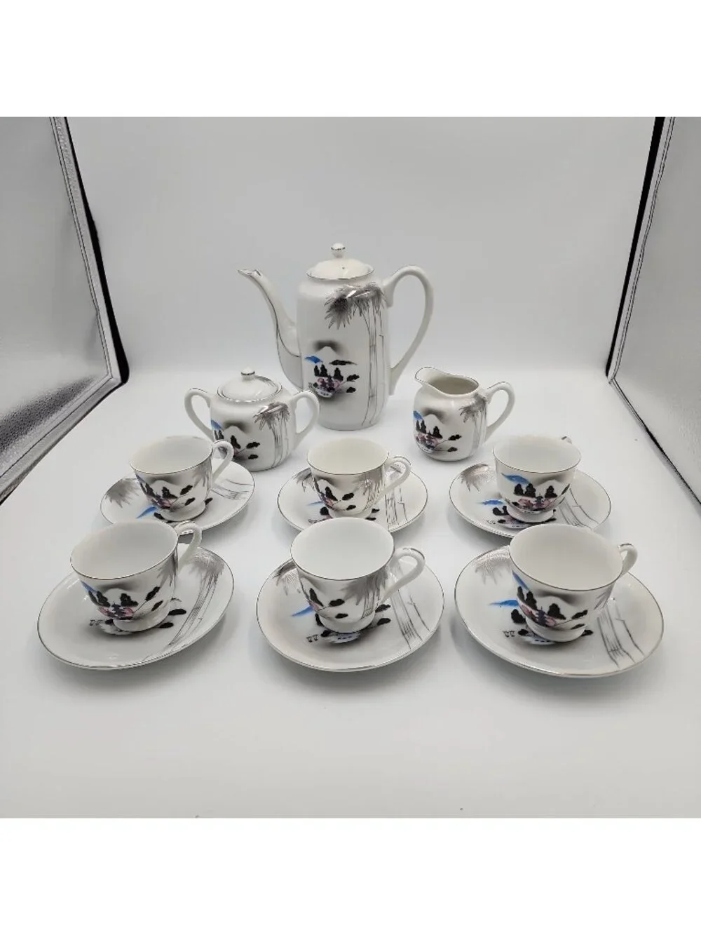 Vintage Japanese Kutani Lithopane Coffee Tea Set Pot Suger Creamer Cups Saucer